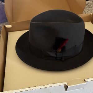 Black Wool Fedora Hat with Feather Accent